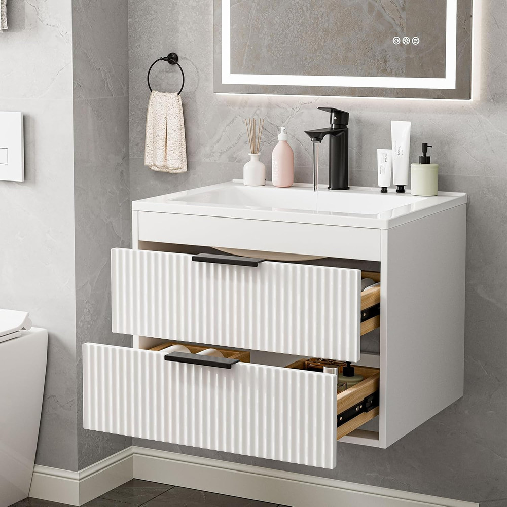 24" Modern Wall-Mounted Bathroom Vanity with Sink & Double Drawers, White