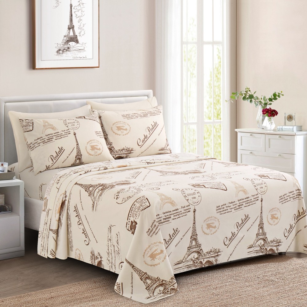 Rayon from Bamboo Deep Pocket 6 Piece Printed Sheet Set, Eiffel Tower Ivory Twin