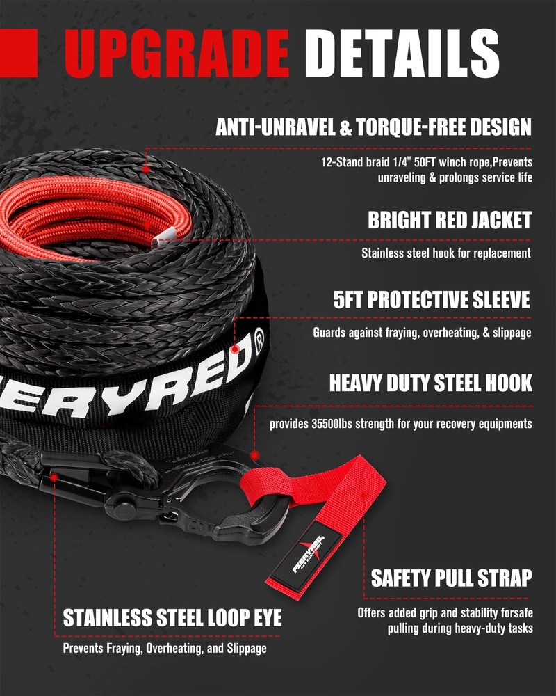 FIERYRED 1/4inch 50FT 9500LBS 1/4inx50ft, Black(with hook and strap)