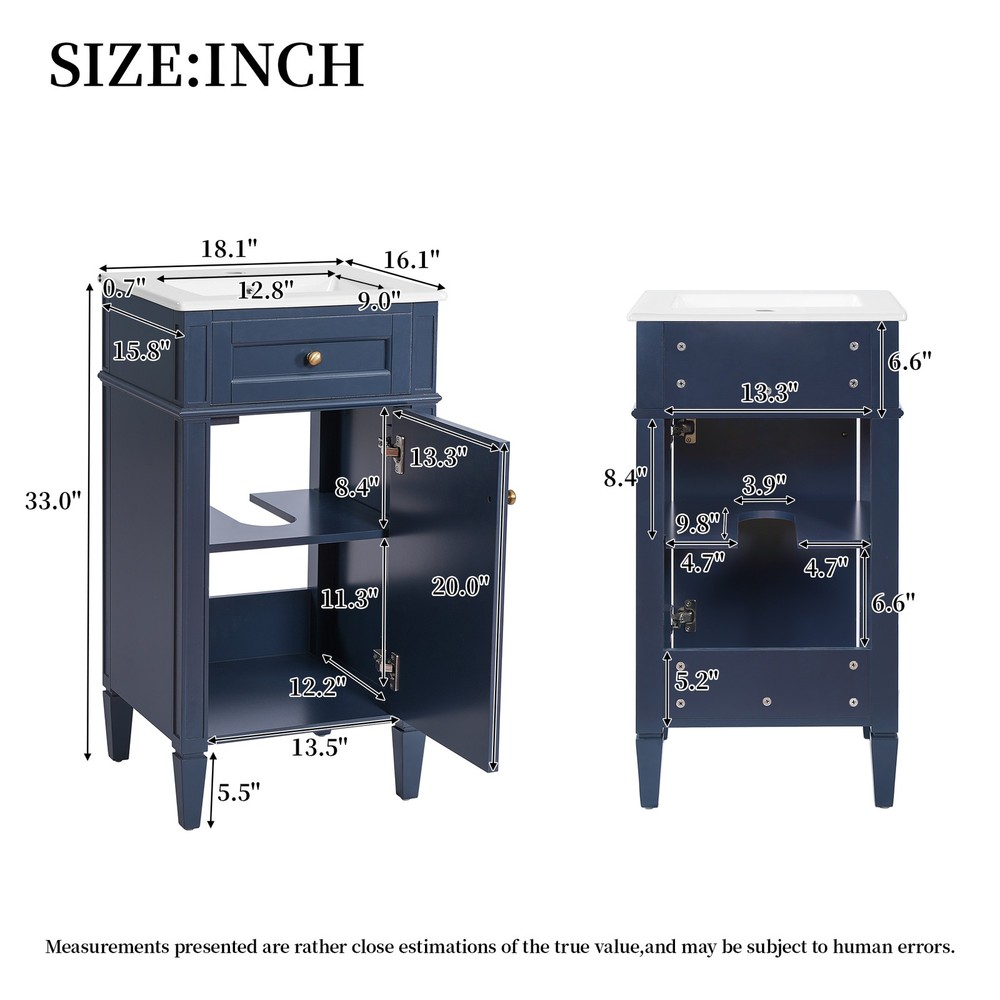 FUNIDEE 18" Single Bathroom Vanity Storage Cabinet with Ceramic Sink Combo Blue