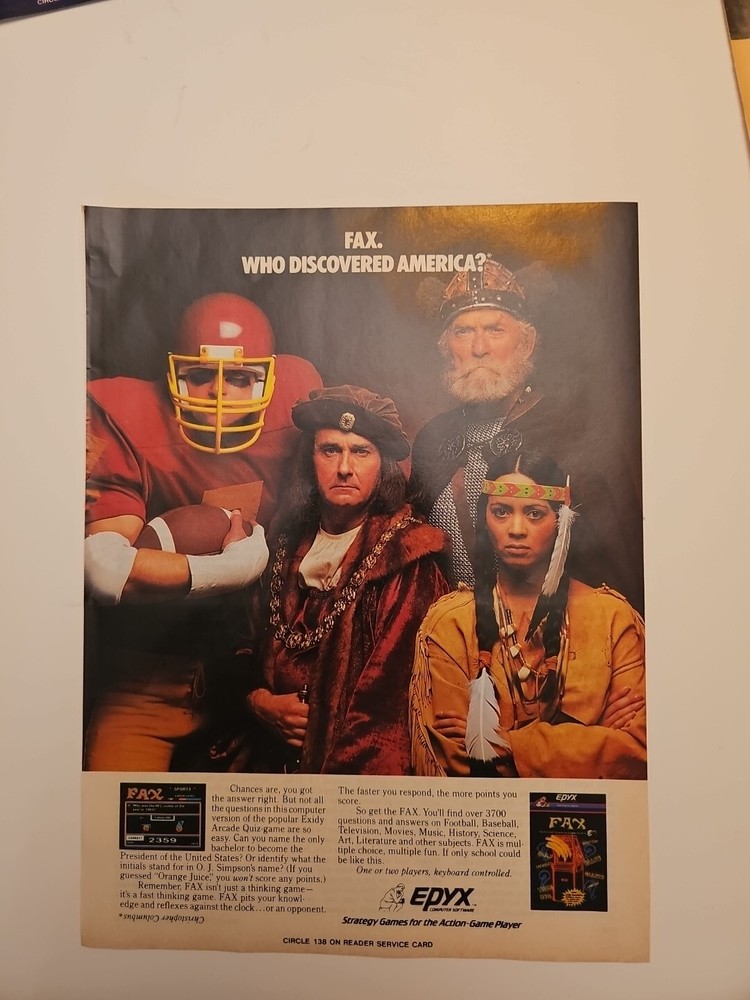 1984 Epyx Software Fax Computer Game Print Ad Who Discovered America?