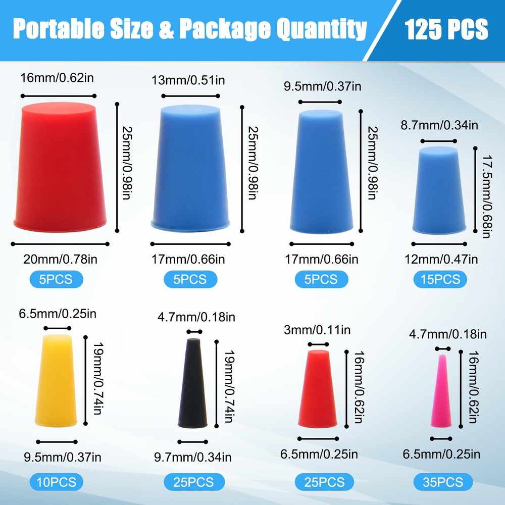 125 PCS 8-Size High-Temp Silicone Rubber Tapered Plug Assortment Kit