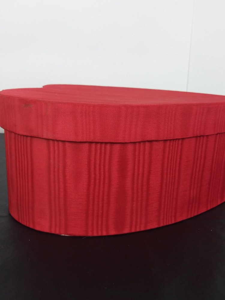 2 Red Fabric Covered Stacking Nesting Heart Boxes Satin Moire & Brocade Wedding