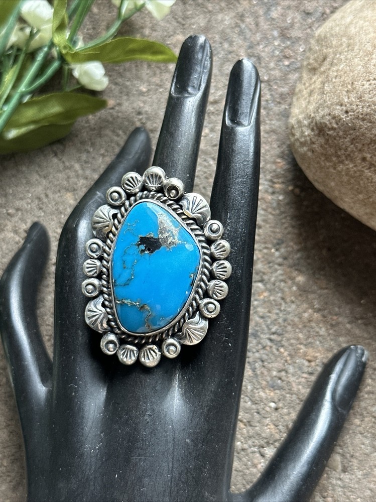 Native American Sterling Silver Turquoise Adjustable Ring. KY