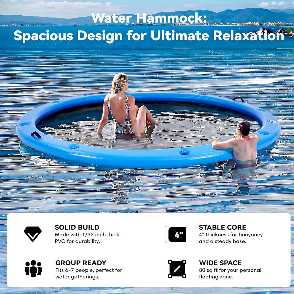 Round Inflatable Floating Dock, Sunchill Float Ring, Hammock Tanning Pool with W