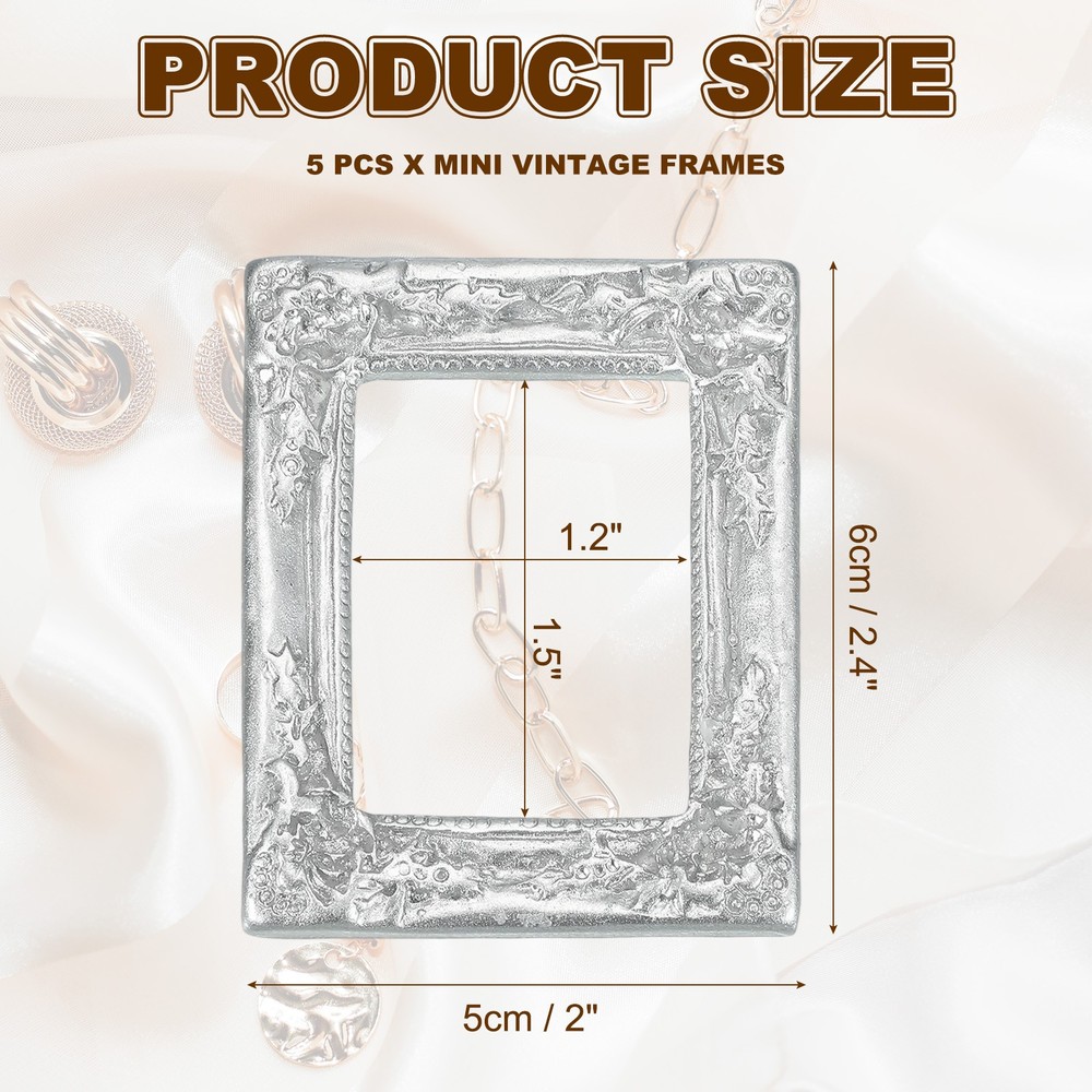5pcs, Mini Vintage Frames 1.5 x 1.2" Resin Tiny Picture Frames Silver