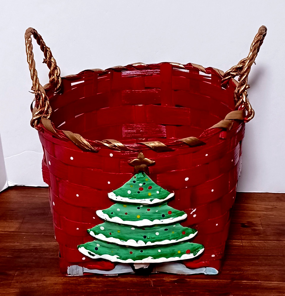 Red Wicker Decorative Basket with  Applied Christmas Tree and Cardinal Birds