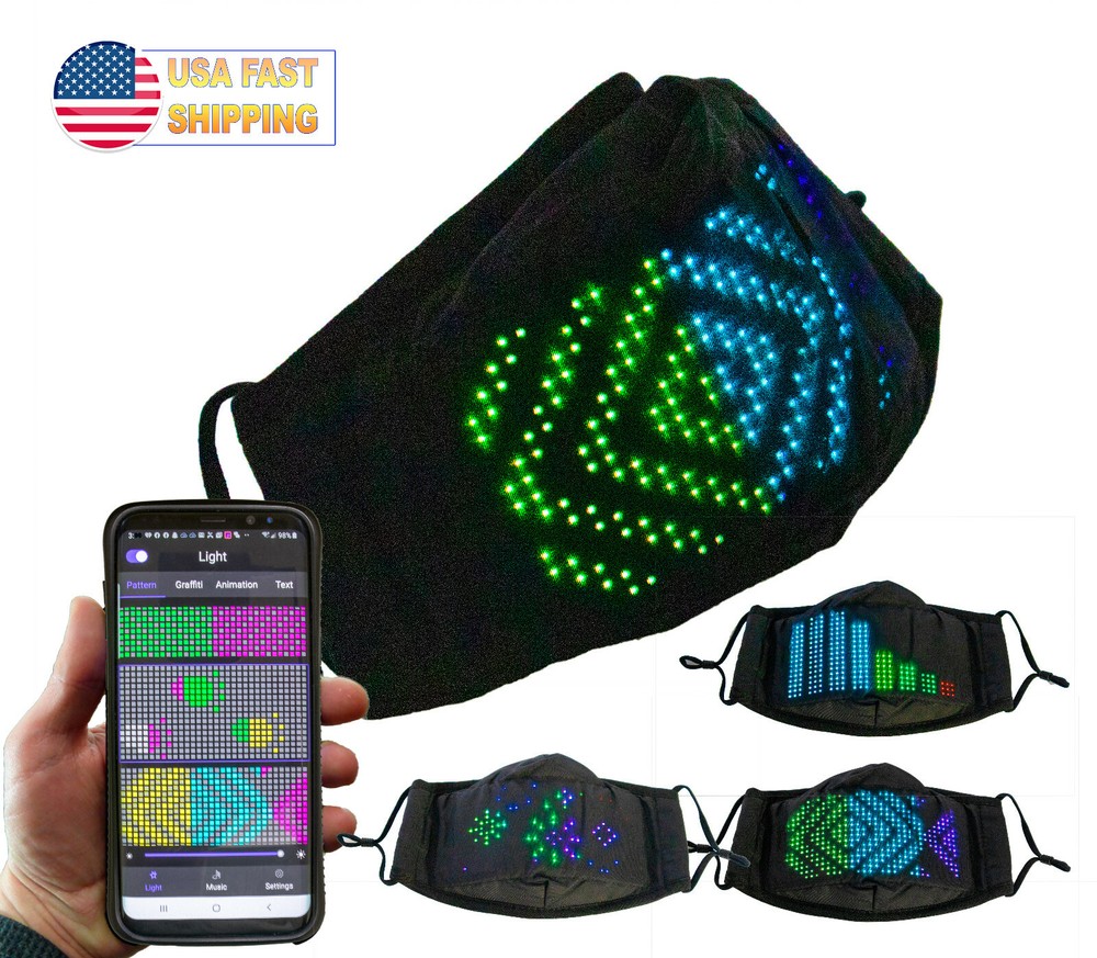 LED Face Mask Bluetooth 7 Color APP Programmable USB Rechargeable Halloween Xmas