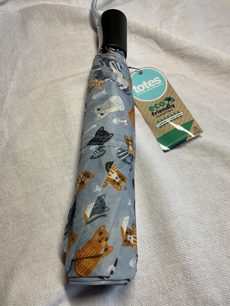 TOTES BASIC WOMEN'S UMBRELLA GRAY CATS 42 INCH COVERAGE PUSH OPEN NWT