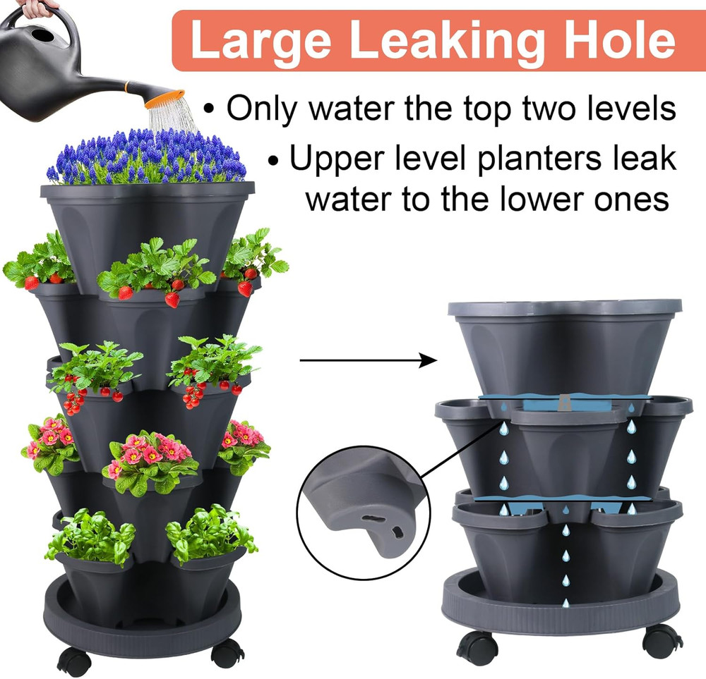 Vertical Planter Tower - 5 Tier Stackable Garden Planters with Wheels and Tools