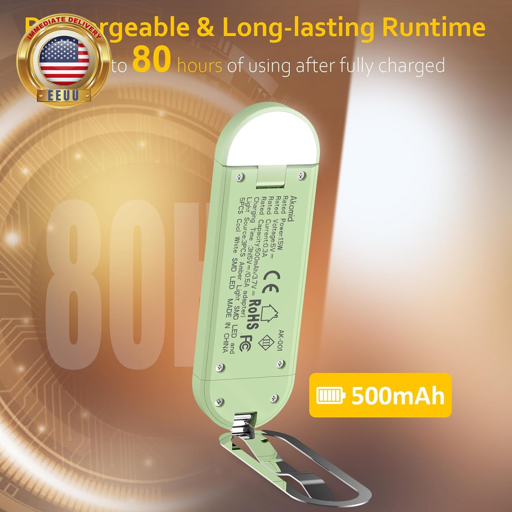 Book Light, USB Rechargeable, Eye-Cared Amber Light, 8 Leds, Green, Modern Style