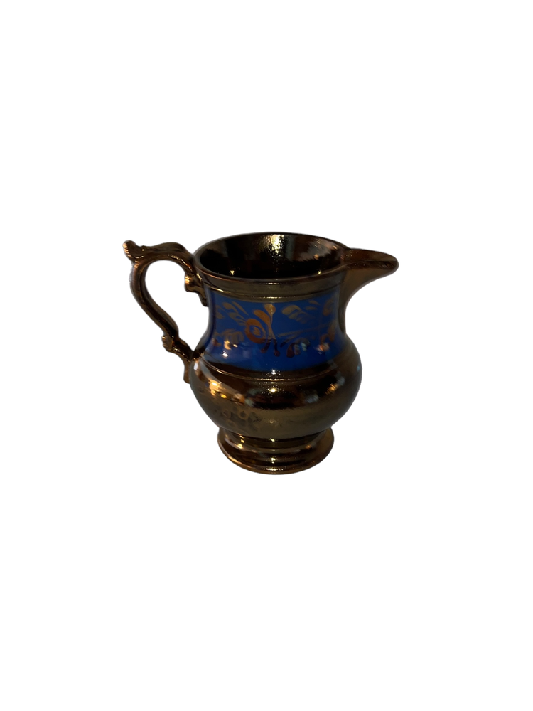 Small Ceramic Gold Metallic and Blue Pitcher Floral Design