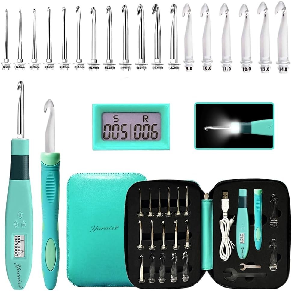 Complete 18-Piece Digital Counter Crochet Hook Set - Lighted & Interchangeable