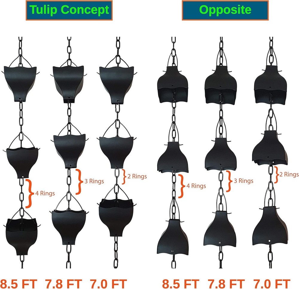 Original 9FT Black Tulip Iron Rain Chains Gutter & Rain Barrel Replacement