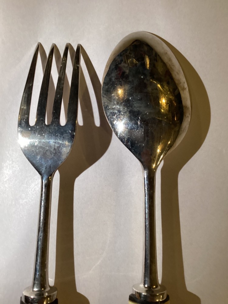 11” Matching Set Fork & Spoon Wood Handles Silver Plated