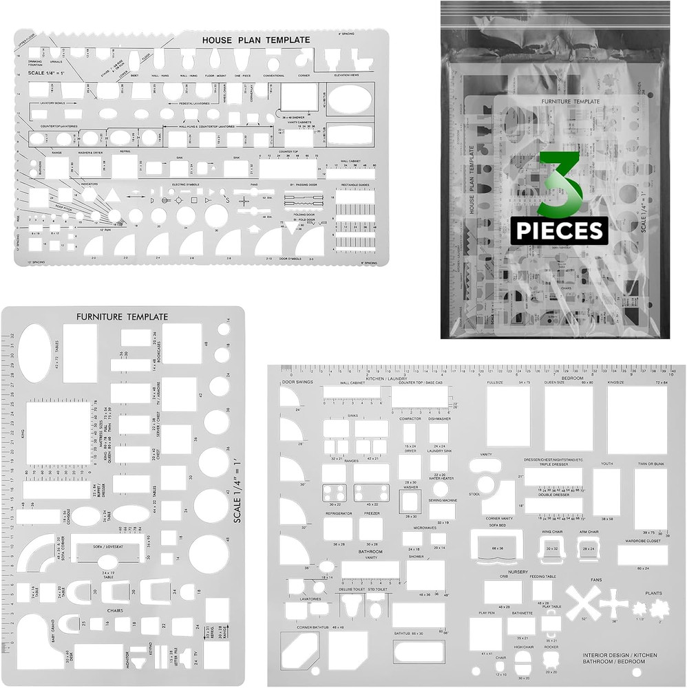3 Pcs Interior Design Drawing Templates Including a House Floor Plan Template, a