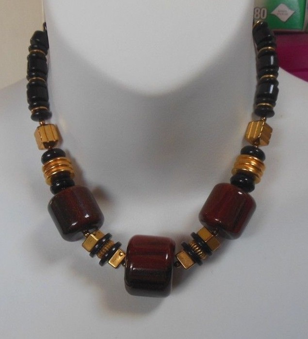 Vintage Gold-tone Black, Large Brown Bead Statement Necklace