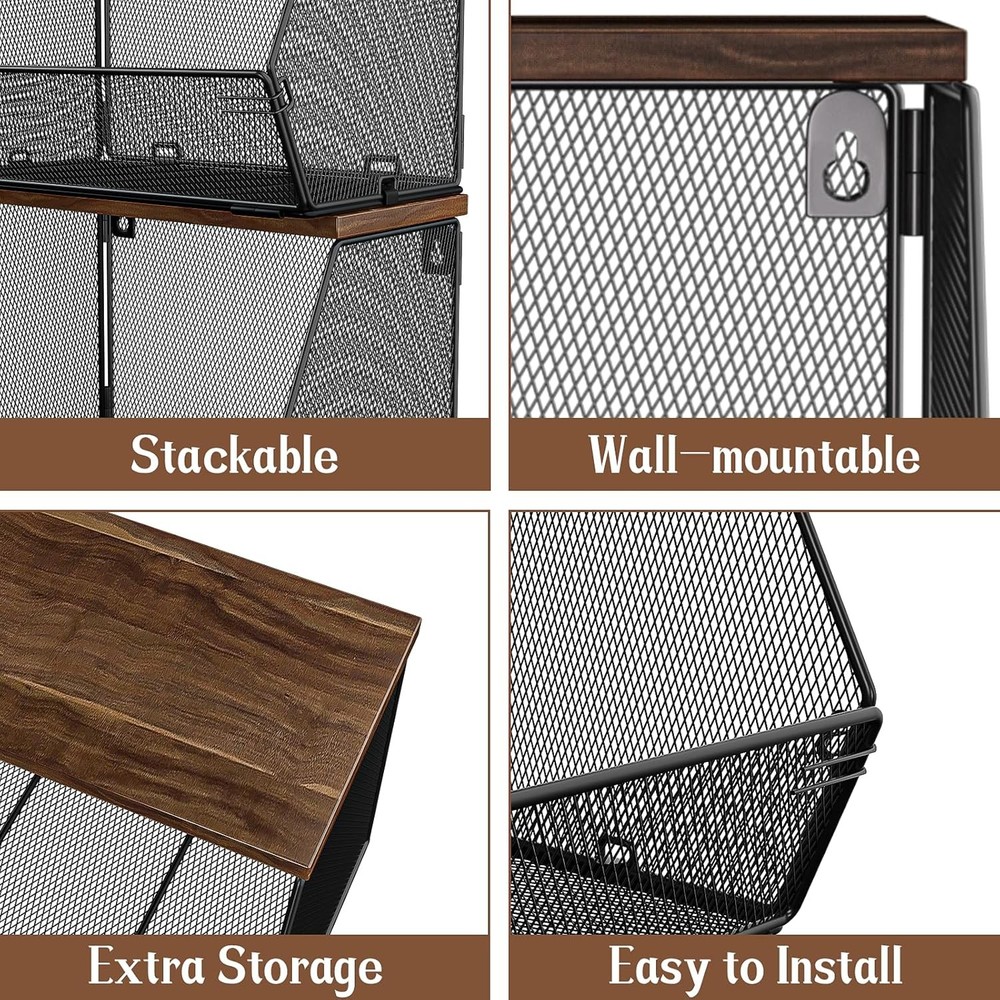 Stackable Fruit Basket for Kitchen Countertop Space Saving, Wall Mounted Mesh