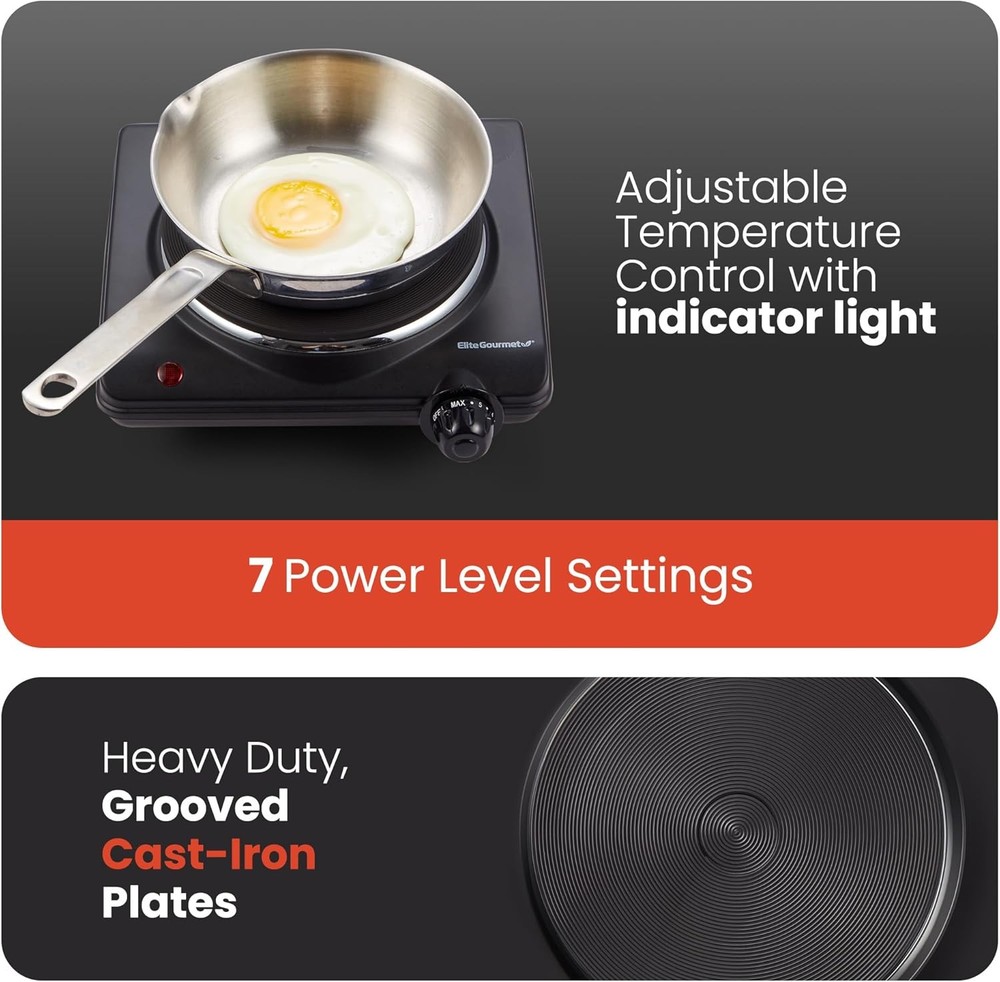 Single Cast Iron Hot Plate 1000W - Temp Control, Easy Clean, Indicator - Black