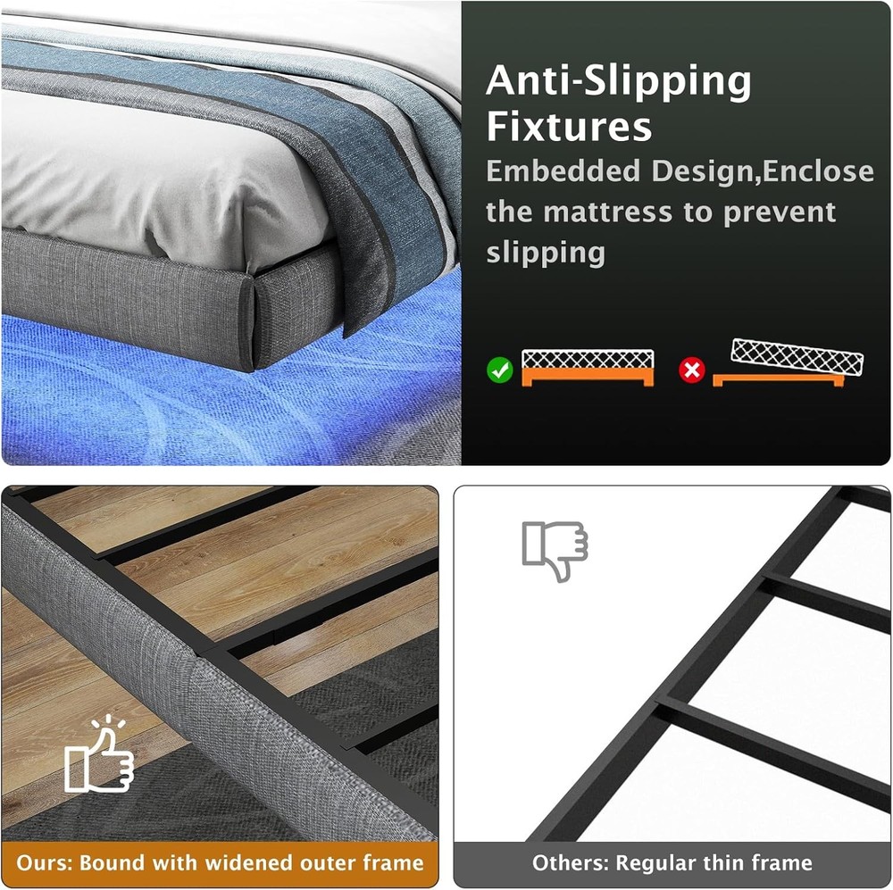 King Floating Bed Frame with LED Lights & Under Bed Storage No Box Spring Needed