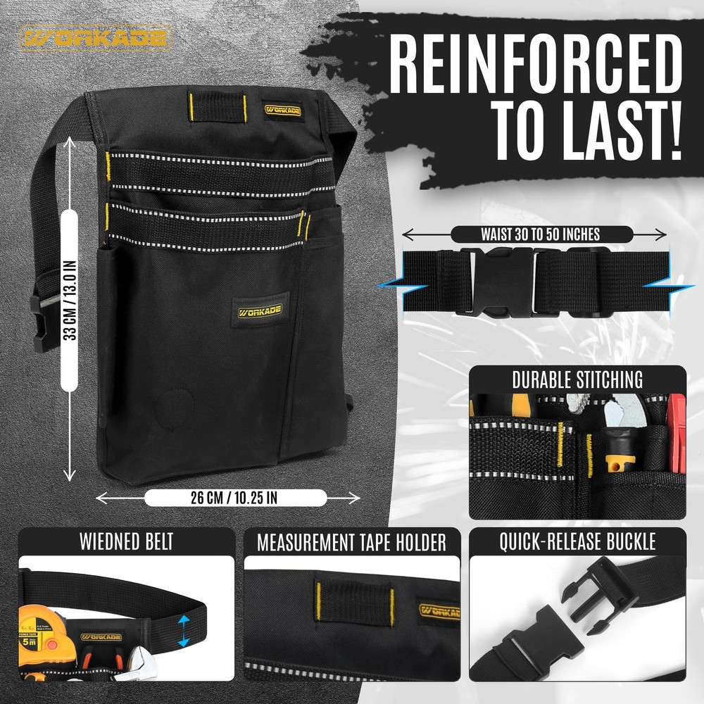 WORKADE Magnetic 8-Pockets Single Side Tool Belt for Men & Adjustable, Grey