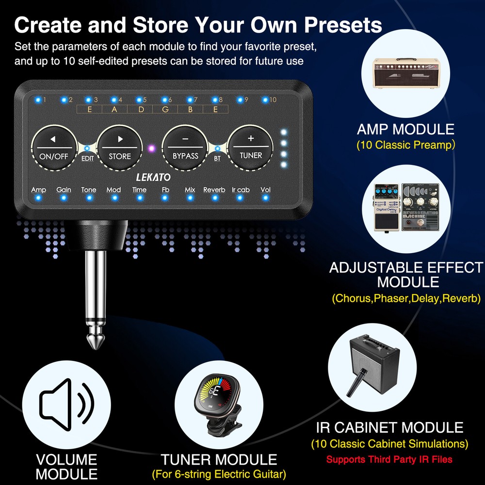 LEKATO Guitar Headphone Amp Rechargeable Multi Effects Mini Practice Amplifier