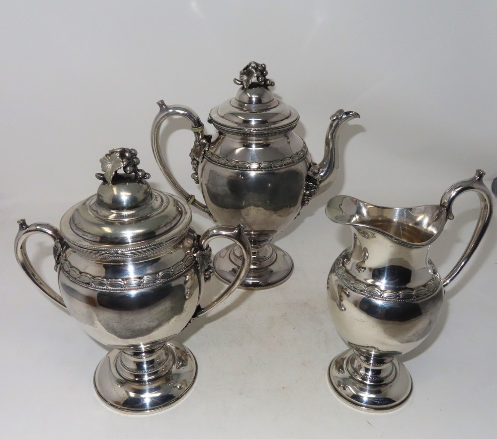 Beautiful Grape & Leaf Reed & Barton Silver Plated 3 piece Tea Set marked 1950