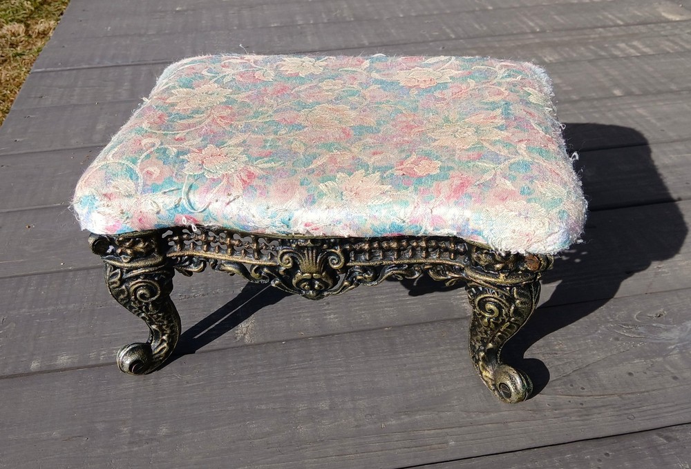 Vintage Upholstered Victorian Foot Stool with Cast Iron Base