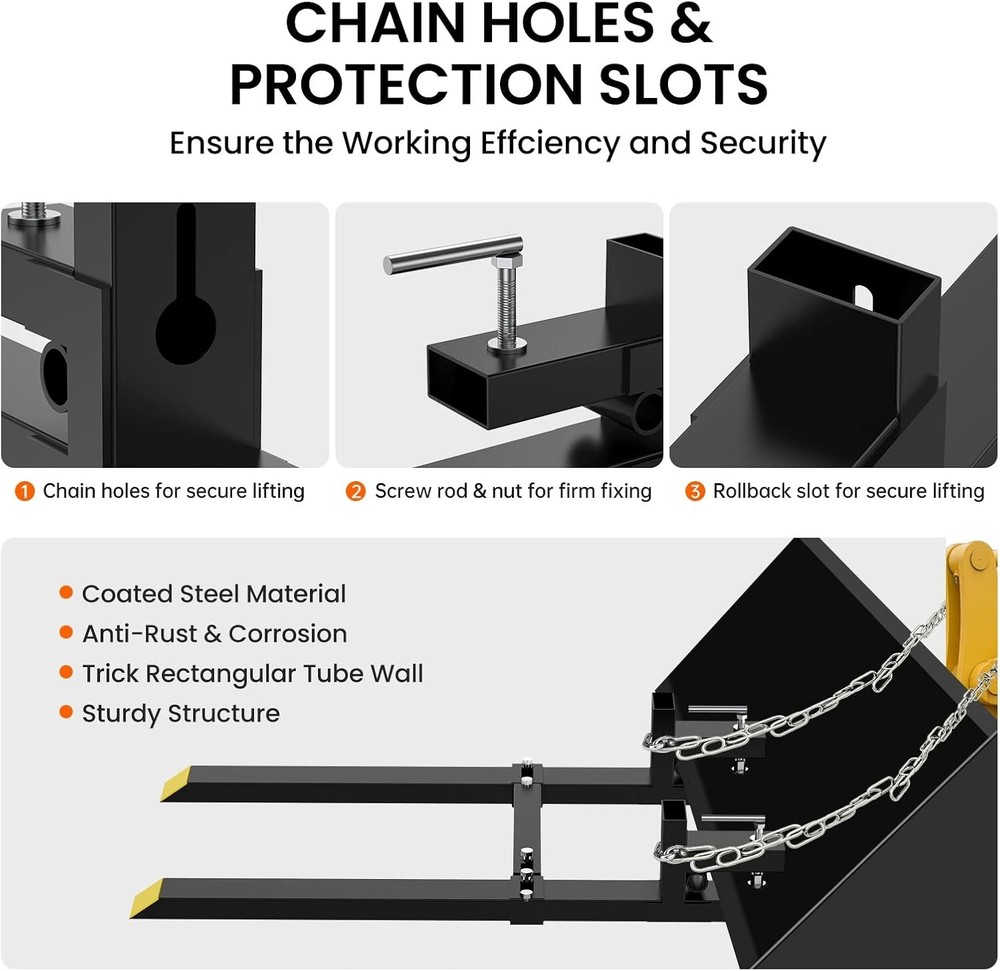2000lbs Clamp on Pallet Forks 43" Fork Rack with Adjustable Stabilizer Bar