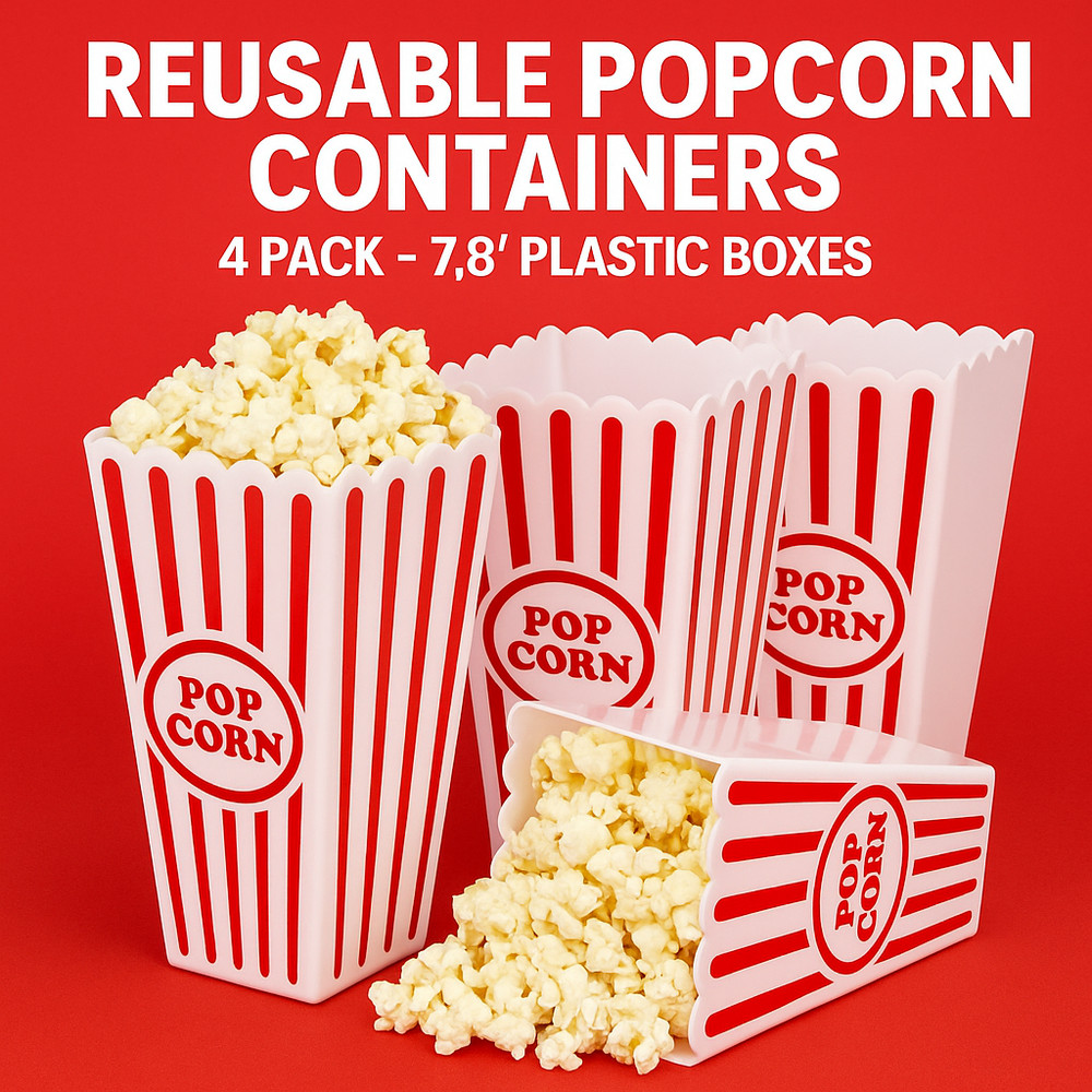 Reusable Plastic Popcorn Containers 4 Pack 7.8" Red White Striped Popcorn Boxes