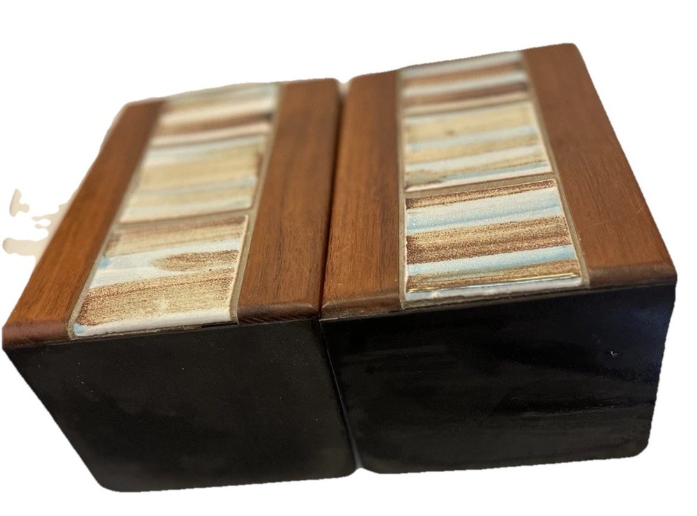 Gordon Jane Martz For Marshall Studios Ceramic Tile Walnut Bookends MCM 1960s