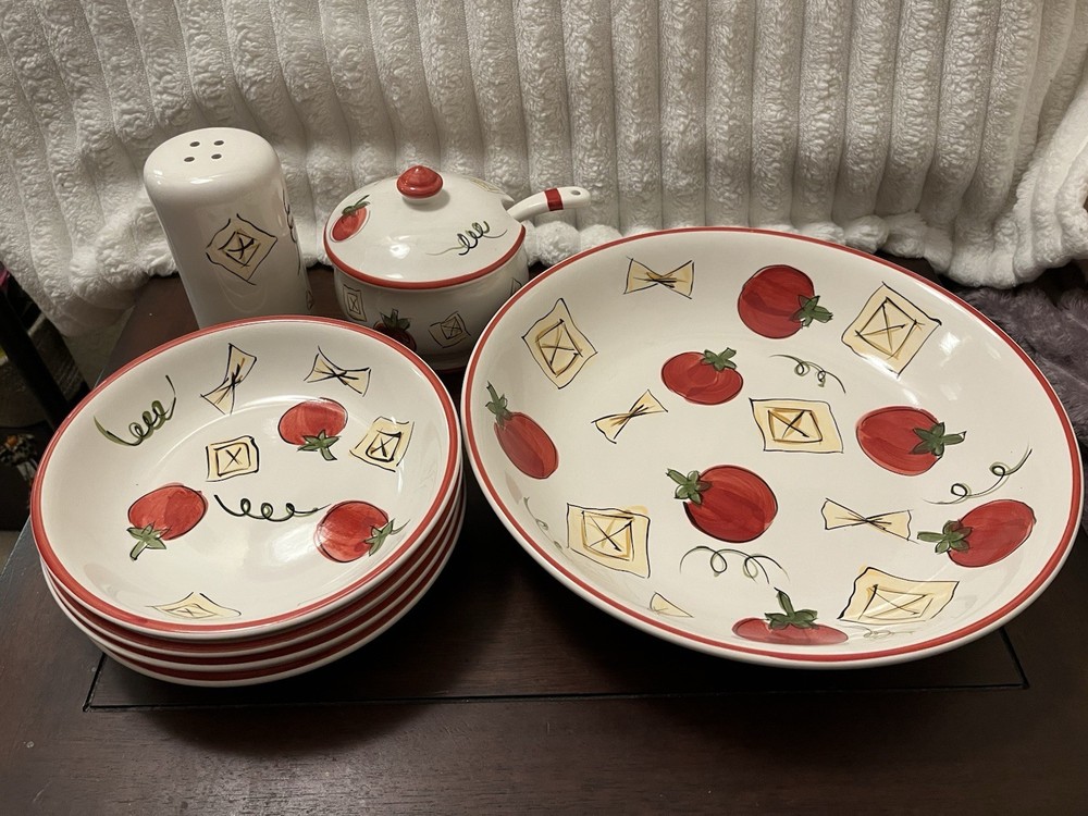 Everything Kitchen Ceramic Pasta Dinner Set Tomato & Pasta Pattern Bowls Plates