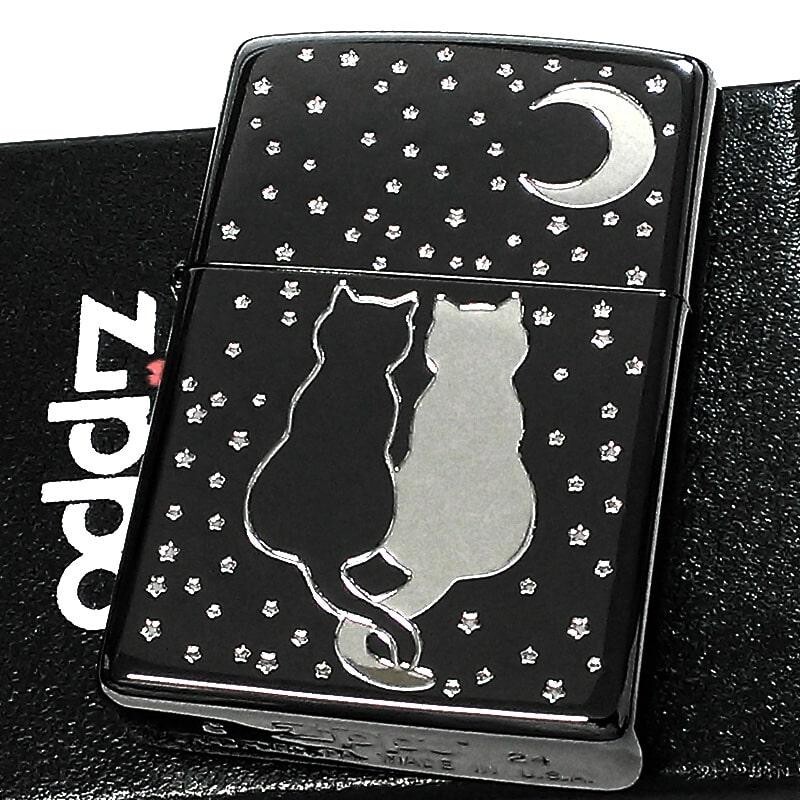 Zippo Moon Cat Black Silver Etching Engraving 1 Sided Processing Lighter JP