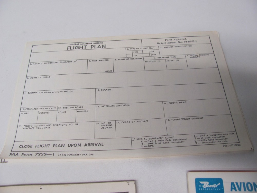 Vintage Avionics & Federal Flight Plan, Pilot's Preflight Check List, Flight Log