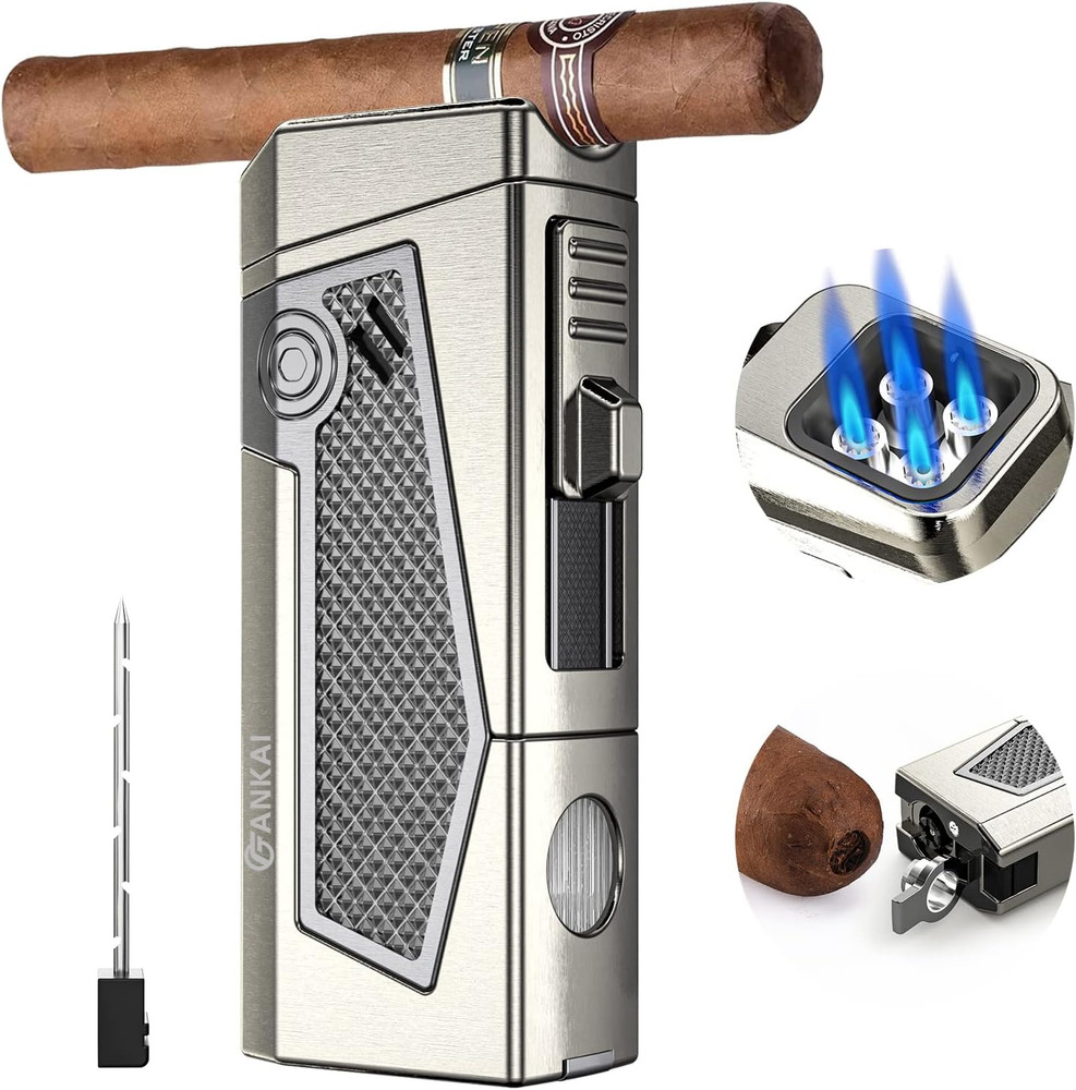 Cigar Lighter 4-Torch Jet Flame - Cigar Punch, Holder, Draw Enhancer, Windproof