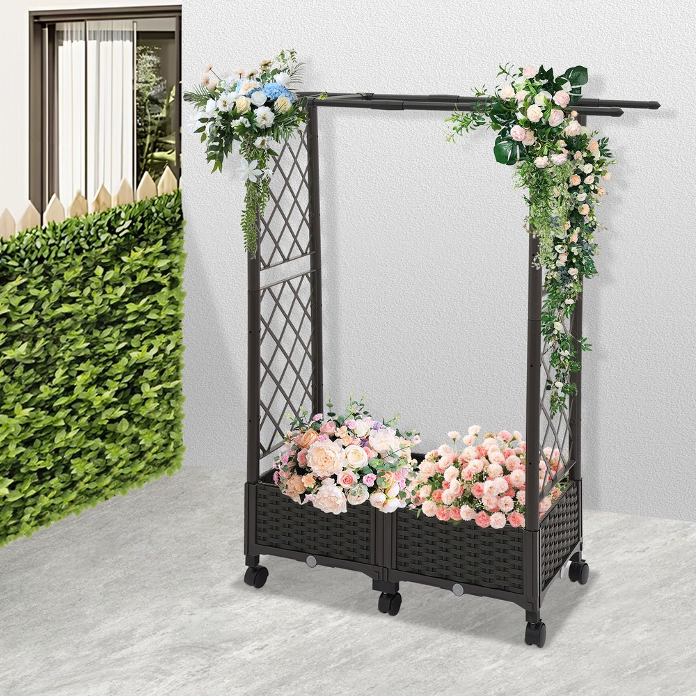 Grid-patterned Flower Box PP Planter Garden Box Brown Floor Standing with Wheels