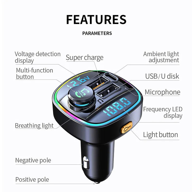 Bluetooth 5.0 Car Wireless FM Transmitter Adapter USB PD Charger AUX Hands US
