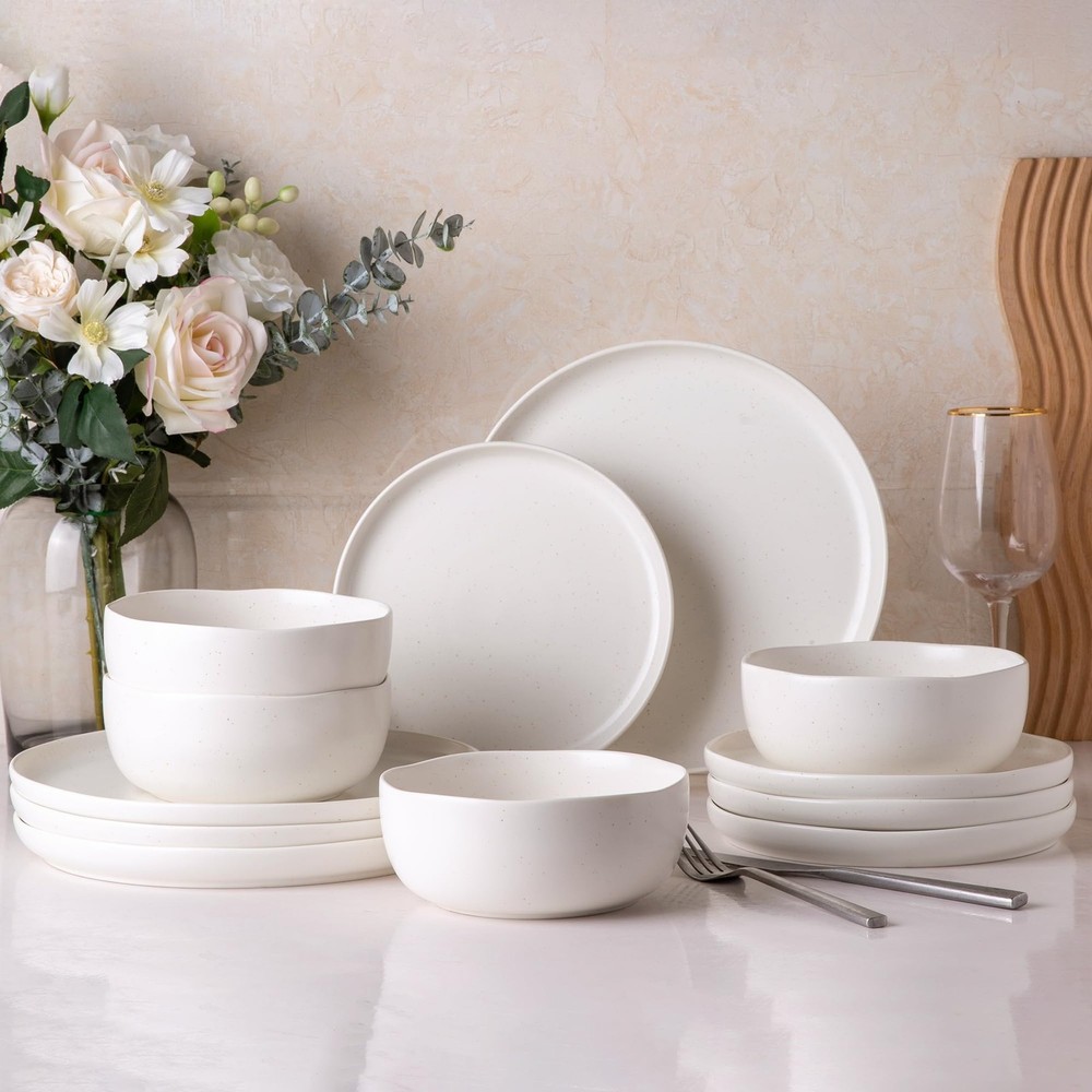 Ceramic Dinnerware Sets, Wavy Rim Stoneware Plates and Bowls Sets,Dishwasher ...