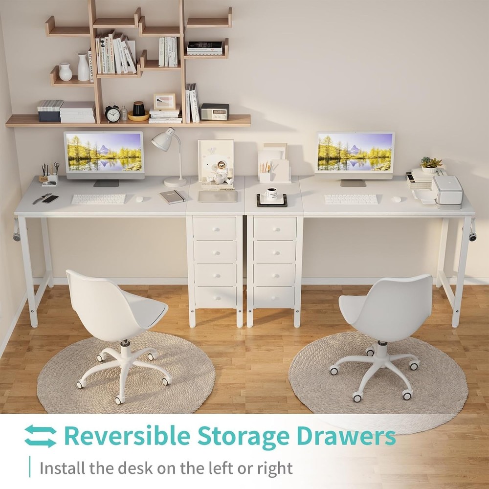 White Computer Desk with Fabric Drawers 47" Reversible Study Work Writing Desk