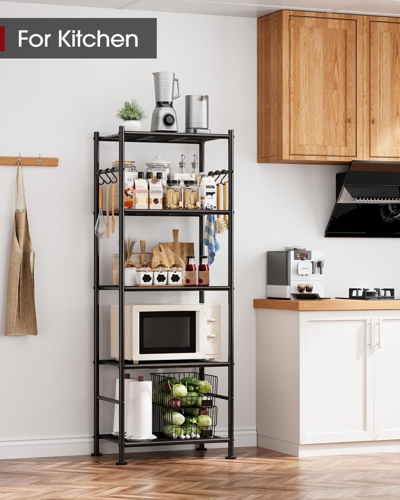 Storage Shelves - 5-Tier Large Capacity Shelf Organizer with Hooks, Heavy-Dut...