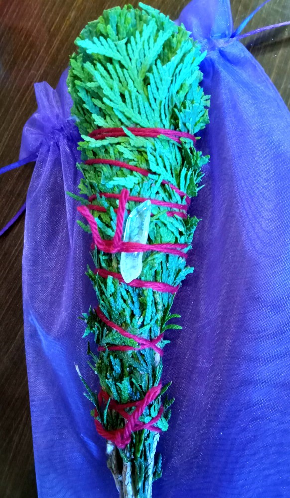 Fresh Egyptian Cedar Smudge Stick handmade Blessed, 6" + Quartz Crystal Magic