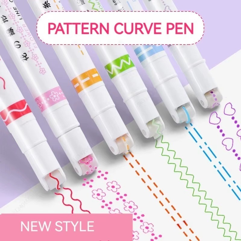 6 x Line Pattern Roller Pen Highlighter Pens, Curve Liner, Pattern Drawing