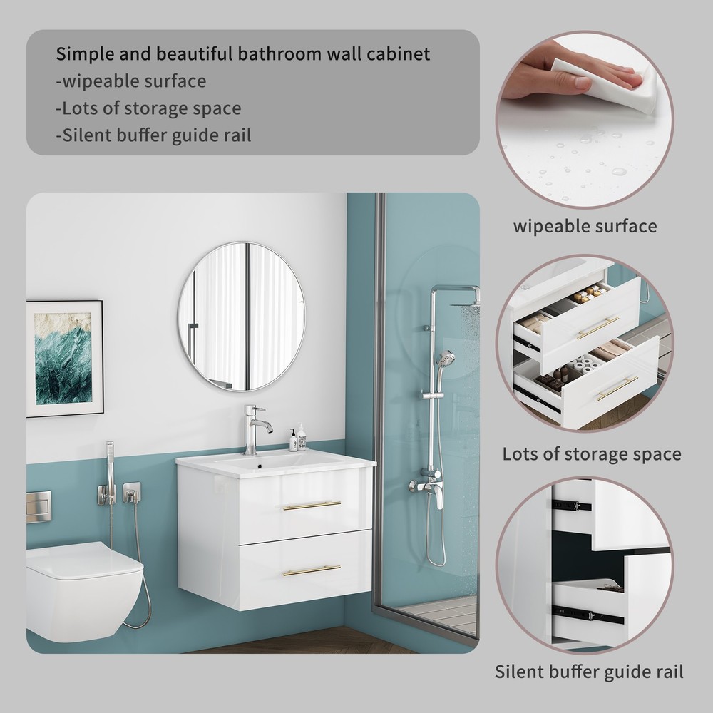 24-Inch Wall-Mounted Bathroom Vanity with Sink Combo,Double Drawers, Ceramic B
