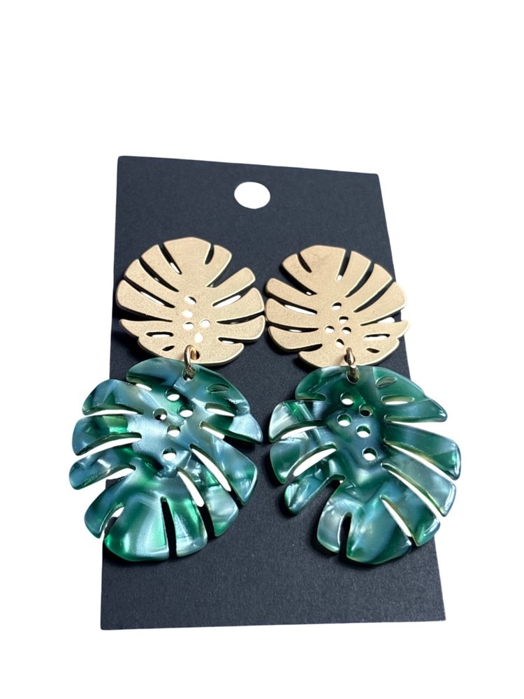 Goldtone Gren White Plastic Montera Leaf Dangle Earrings 2.5 inches