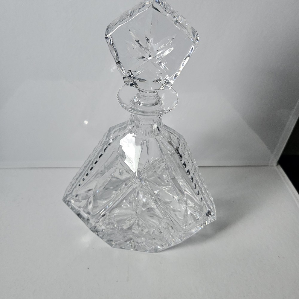 Vintage Block Cut Crystal Triangular Decanter & Stopper Olympic Pattern Heavy
