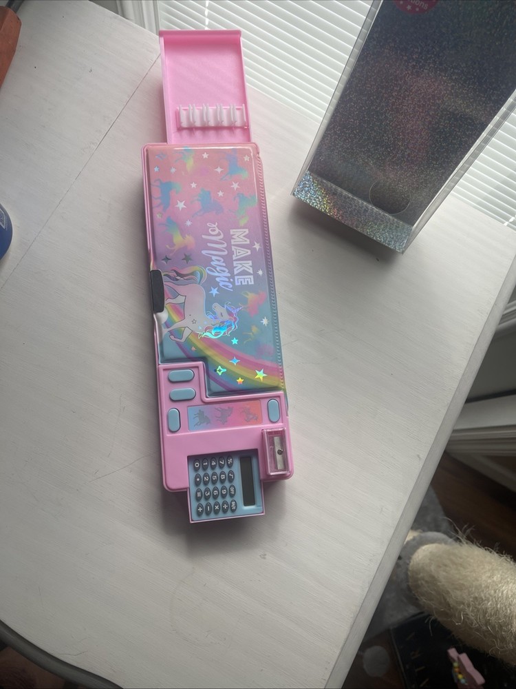 Hot Focus Multi-Function Pencil Case Unicorn Calculator Sharpener Pink NIP