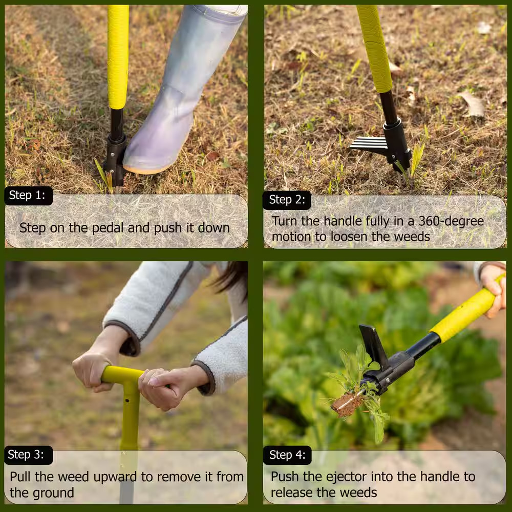 40 In. Weeder 4 Claw Stand-Up Weed Puller Tool with Long Handle Durable Steel He