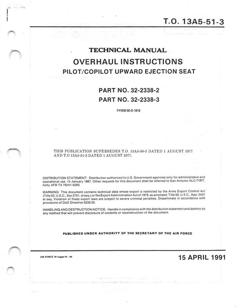 B-52 Pilot/CoPilot Upward Ejection Seat Overhaul Inst's Flight Manual-CD Version