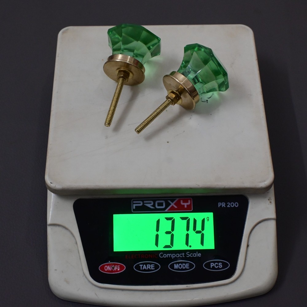 Vintage green victorian diamond cut glass drawer knob handle pull set 2PC