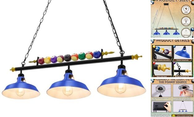 Adjustable Pool Table Lights for 7'-8' Billiard Light Hanging Blue 3 Lights